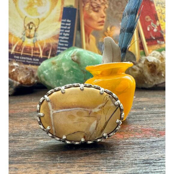 Brecciated Jasper Heavy Sterling Silver Ring Fancy Prong Setting - Picture 2 of 7